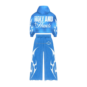 กางเกงวอร์มและเสื้อฮู้ดปักลายเอวคู่ สไตล์ฮิปฮอป แต่งลูกปัดและคริสตัล ลุคย้อนยุคแบบฟอกสี สำหรับผู้ชาย - Product Image 3