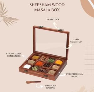 Boîte à épices en bois de Sheesham avec 12 compartiments et 2 cuillères, organiseur de rangement pour épices de cuisine, boîte à épices en bois Masala Dabba - Product Image 5