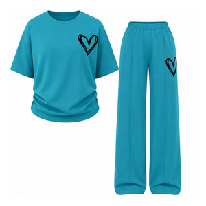 Women Heart Print Two Piece Outfit Casual Oversized T Shirt and Wide Leg Pants Comfortable Lounge Matching <b>Set</b> - Product Image 4
