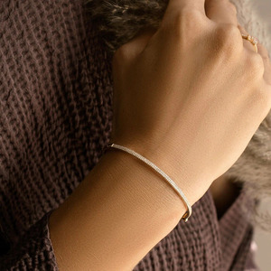 Yellow Gold 14K Double Row Pave Lab Grown Diamond Round Brilliant Cut Luxury Tennis <b>Bangle</b> <b>Bracelet</b> - Product Image 2