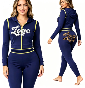 Women's <b>Navy</b> Blue 2 Piece Hooded <b>Crop</b> Top & <b>Leggings</b> Set With Custom Logo Print Sporty Fit Full Sleeve Knitted Activewear - Product Image 1