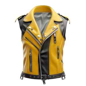 Chaleco de Cuero y Lona Amarillo y Negro para Hombre, Estilo Vintage, Cuello Redondo, Botones Cubiertos, Cinturón en la Cintura, Otoño, OEM, Venta al Por Mayor - Product Image 6