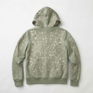 เสื้อแจ็คเก็ตบอมเบอร์หนังแท้สีเขียวมะกอกสำหรับผู้ชาย ลายดอกไม้ฉลุลาย คอปกแบบสวม แขนยาวทรงปกติ สไตล์ฤดูใบไม้ผลิ - Product Image 2