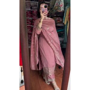 SRK Handmade Embroidered Organza Tunic Top-Bottom and Dupatta <b>Set</b> with Embroidery Sequence Work XL Size - Product Image 2