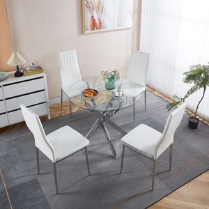 Set da Pranzo Mid-Century 1+4,5 Pezzi con Tavolo con Gambe in Metallo, Tavolo da Pranzo con Base a Piedistallo e Piano in Vetro per 4-6 Persone, per Uso in Sala da Pranzo - Product Image 1