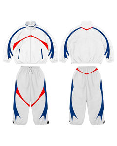 Ensemble de survêtement pour homme, blanc, bleu, rouge, avec blocs de couleur, veste zippée sportive et pantalon, en polyester tricoté respirant, coupe-vent - Product Image 6