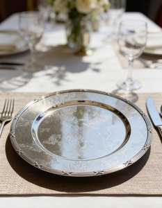 Assiette de Présentation Vintage en Métal Ronde Faite à la Main par un Designer – Meilleure Assiette de Base en Acier Inoxydable Classique et Élégante - Product Image 1