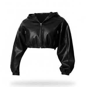 Cropped Hooded Bomber <b>Jacket</b> Women PU <b>Leather</b> Full Sleeve Solid Color Zipper Closure Autumn Style Windproof - Product Image 1