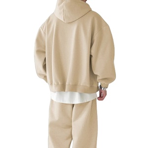 Nueva llegada 100% algodón de gran tamaño de los hombres chándal impreso gota hombro sudor traje doble cremallera Color liso ropa de calle para el invierno - Product Image 4