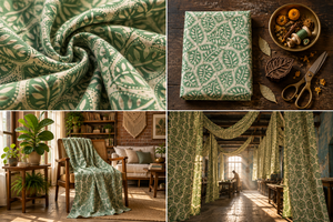 Tela de Algodón Puro con Motivo de Hojas Verdes, Estampada a Mano, Venta al por Mayor, Material Artesanal para Decoración del Hogar, Artesanía India - Product Image 2
