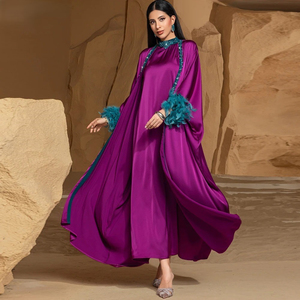 Elegant Purple Muslim <b>Abaya</b> Women Round Neck Long Sleeve Midi Plus Size Sequined Regular Hem Middle East Style <b>Prayer</b> - Product Image 4