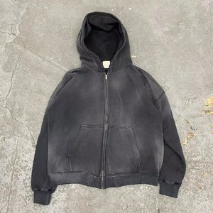 New Arrival Oversized Men's <b>Hooded</b> <b>Zip</b>-Up Sweatshirt Solid Color French Terry Cotton Casual Autumn Wear Sun Faded Hoodies - Product Image 2