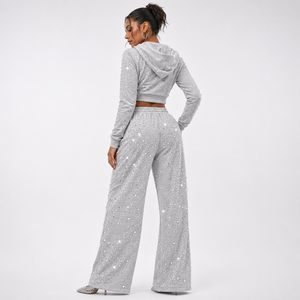 Pantalon femme orné de strass, taille élastique, large et coloré, de haute qualité, avec un artisanat lourd et scintillant - Product Image 3