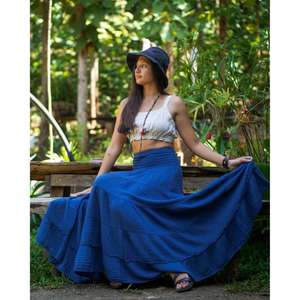 Ensemble deux pièces bohème pour femmes, haut court blanc et jupe longue bleue taille haute, tenue décontractée d'été pour la plage - Product Image 3