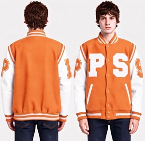 Veste universitaire homme orange brûlé en laine épaisse avec manches contrastantes en cuir, boutons-pression, style rétro, fournisseur de manteaux de type Letterman - Product Image 1