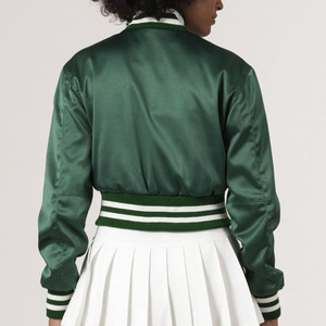 Women's Green Satin Varsity Jacket Cropped Full Sleeve <b>Single</b> Button Closure <b>Quilted</b> Cotton-Filled 100% Wool Towel Embroidery - Product Image 3