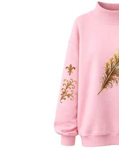 เสื้อสเวตเชิ้ตผู้หญิงสีชมพูแบบสั่งทำพิเศษ ทรงโอเวอร์ไซส์ ผ้าฟลีซ คอสูง ลายขนนก สวมใส่สบายสำหรับฤดูหนาว ผลิตจากผ้าฝ้ายผสมโพลีเอสเตอร์ อุ่นสบาย - Product Image 4