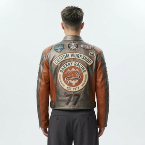 Workshop <b>Mens</b> Bronze <b>Brown</b> <b>Leather</b> Motorcycle <b>Jacket</b> Route 66 Speedway Racing Team Embroidered Patch Coat - Product Image 2