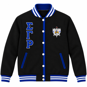 black <b>royal</b> <b>blue</b> varsity <b>jacket</b> letterman <b>jacket</b> white striped collar ribbed cuffs striped hem snap button front <b>jacket</b> - Product Image 5