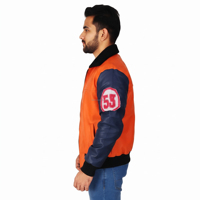 Veste universitaire d'hiver unisexe coupe-vent en cuir véritable noir et orange avec patch chenille personnalisé KVJ114
