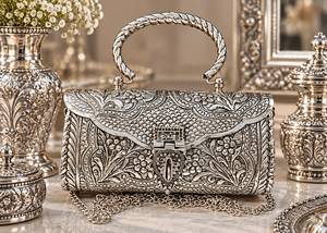 Sac de soirée ethnique en satin pour femme, fait main, vintage, en laiton plaqué argent, avec chaîne de sac à main ornée de motifs floraux sculptés - Product Image 2