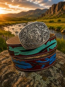 Ceinture Western en cuir véritable artisanale avec boucle en argent gravée |   Ceinture en cuir de vachette vintage pour hommes et femmes - Product Image 1