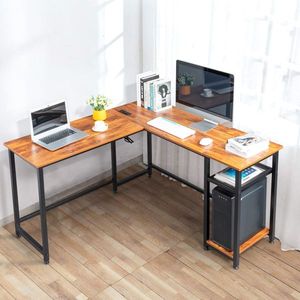 Scrivania per Computer a Forma di L in Legno di Tigre, Tavolo da Gaming Convertibile con Prese di Corrente, Ripiano e Cassetto - Product Image 4
