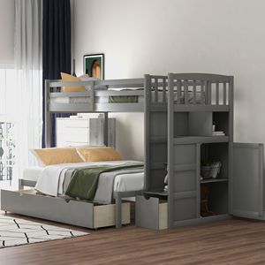Lit superposé convertible gris avec étagères de rangement et tiroirs, lit superposé pour enfants avec lit double/grand lit - Product Image 1