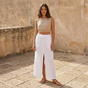 Women White <b>Linen</b> Vintage Breathable Tassel <b>Maxi</b> <b>Skirt</b> High Waist Drawstring Side Slit Summer Casual - Product Image 1