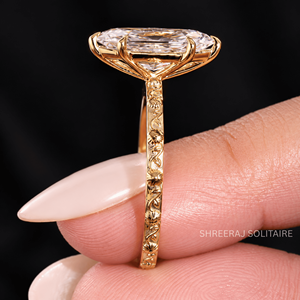 Bague de fiançailles en or 14K/18K avec diamant de laboratoire taille marquise néerlandaise personnalisée, gravure florale vintage, certifiée IGI - Product Image 2
