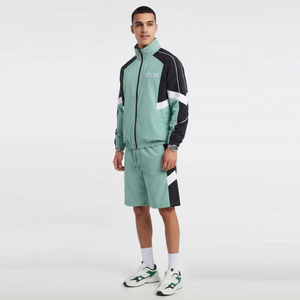Conjunto Deportivo para Hombre en Verde Menta con Bloques de Color, Chaqueta Cortavientos de Manga Larga y Pantalones Cortos con Cordón, Secado Rápido, Nailon - Product Image 3