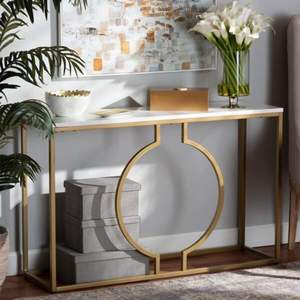 Mesa Consola de Diseño Moderno y Lujoso con Marco Circular de Metal Dorado y Superficie Blanca para Sala de Estar y Uso en Hoteles - Product Image 1