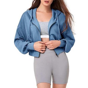 High Quality Women's <b>Winter</b> Pullover Sport Knitted 100% Cotton Eco-Friendly Hooded Crop <b>Top</b> Loose Solid Front Windproof Long - Product Image 2