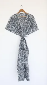 Vestido Kaftan Maxi con Estampado Floral en Bloques Grises Estilo Boho Chic, Cuello en V, Corte Holgado, Algodón, Informal, para Vacaciones y Playa - Product Image 2