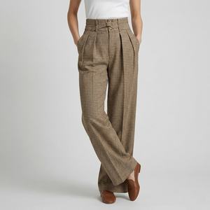 Pantalon large à taille haute pour femme, à carreaux, plissé, coupe ample, longueur intégrale, en laine et polyester, décontracté, pour l'automne - Product Image 4
