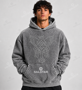 Wholesale Acid Wash Rhinestone Graphic Tee Heavyweight Cotton Oversized T-Shirt Custom Logo <b>Black</b> Fashion Streetwear <b>Hoodie</b> - Product Image 3