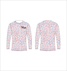 Maillot de sport personnalisé à manches longues en sublimation, léger, avec motif multi-points rouge et bleu, fabricant de vêtements en gros - Product Image 1