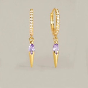 Pendientes de Espiga con Amatista Incrustada - Con Aro de Cuarzo CZ, Gema Ovalada Facetada Colgante, Plata de Ley 925, Joyería para Mujer - Product Image 2