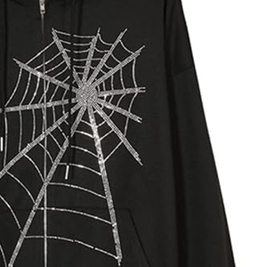 Sudadera Negra con Capucha y Cierre para Hombre, Estampado de Telaraña Brillante, Estilo Casual para Otoño - Product Image 5