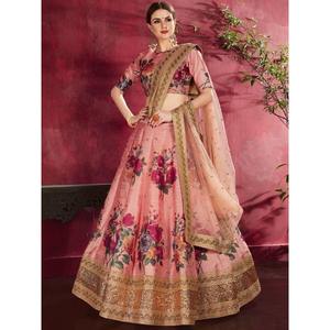 Lehenga choli ชุดแต่งงานผ้าไหม banglori พิมพ์ลายดอกพีช - Product Image 5