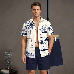 Conjunto de Camisa y Pantalones Cortos de Verano para Hombre, Estampado de Palmeras y Veleros en Azul, Tejido Transpirable de Secado Rápido, 140g - Product Image 2