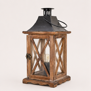 Venta al por mayor de fábrica: Farol de madera vintage con tapa metálica, portavelas decorativo para centro de mesa de boda estilo rústico, para exteriores. - Product Image 3