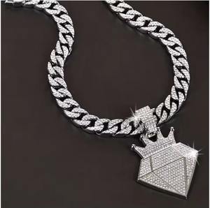 Cadena Cubana de Oro Blanco de 10K con Corona y Piedras, Cadena Real, Cadena Cubana con Piedras de la Riqueza del Rey, Collar con Corona Imperial y Piedras, Cadena Hip Hop - Product Image 1