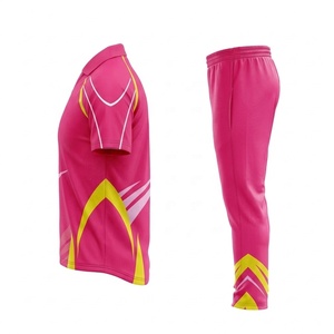 Ensemble d'uniformes de cricket rose haut de gamme personnalisés, imprimés par transfert thermique, antibactériens, 100 % polyester, avec col, maillot et pantalon long - Product Image 3