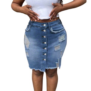 Womens High Waist Distressed Button Front <b>Denim</b> Mini Skirt Light Blue <b>Stretch</b> Slim Fit Casual Streetwear Summer Fashion - Product Image 1