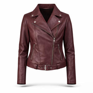 Chaqueta de Cuero Genuino Borgoña al por Mayor, Estilo Motero, con Cinturón, Cierre Asimétrico, Color Sólido, Otoño-Invierno, Ecológica, Impermeable, OEM - Product Image 1