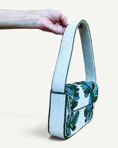 Handcrafted <b>Beaded</b> Botanical Shoulder Bag <b>Large</b> Capacity Blue Green Floral Leaf Pattern Women Wholesale OEM Private Label Custom - Product Image 2