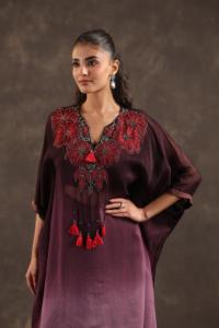 Lady's Elegant V-Neck Puff Sleeve Midi <b>Viscose</b> Kaftan <b>Dress</b> with Embroidery Breathable Fabric for Summer Beach Wear - Product Image 1