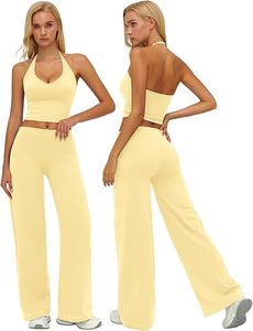 <b>Women</b> Solid Color Halter Crop <b>Top</b> Wide Leg High Waist Full Length Yoga Pants Activewear Set Spandex Knitted Four-Way Stretch - Product Image 1