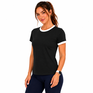 Wholesale Custom Logo Women Ringer T-Shirt Contrast Trim Crew Neck Gym Workout <b>Top</b> Solid Color Regular Fit Breathable 100% Coton - Product Image 2